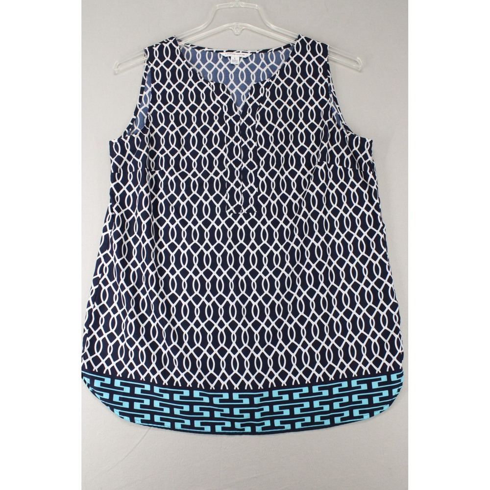 Croft & Barrow Tank Top Blouse Womens Large Navy Blue Polyester Geometric Preppy